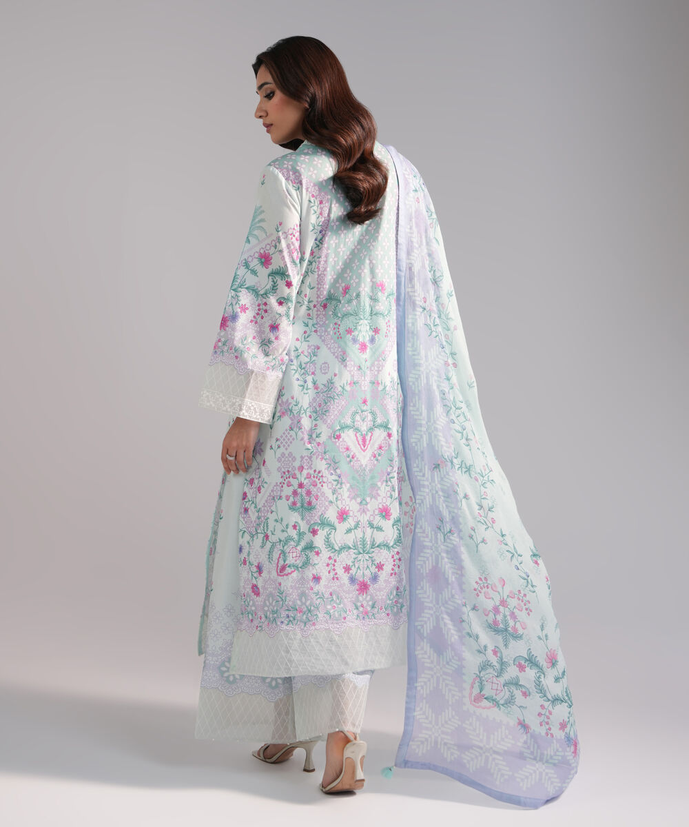 Women's RTW Lawn Embroidered Blue 3 Piece Suit