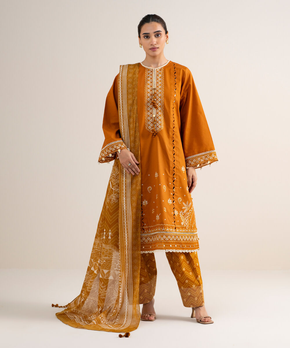 Women's Unstitched Cotton Embroidered Orange 3 Piece Suit