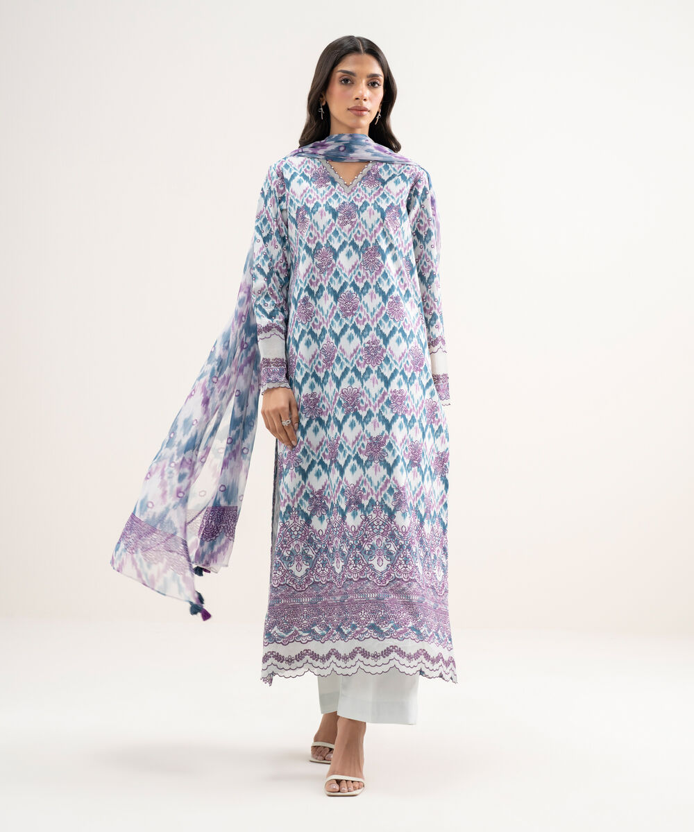 Women's Unstitched Lawn Embroidered Purple 3 Piece Suit