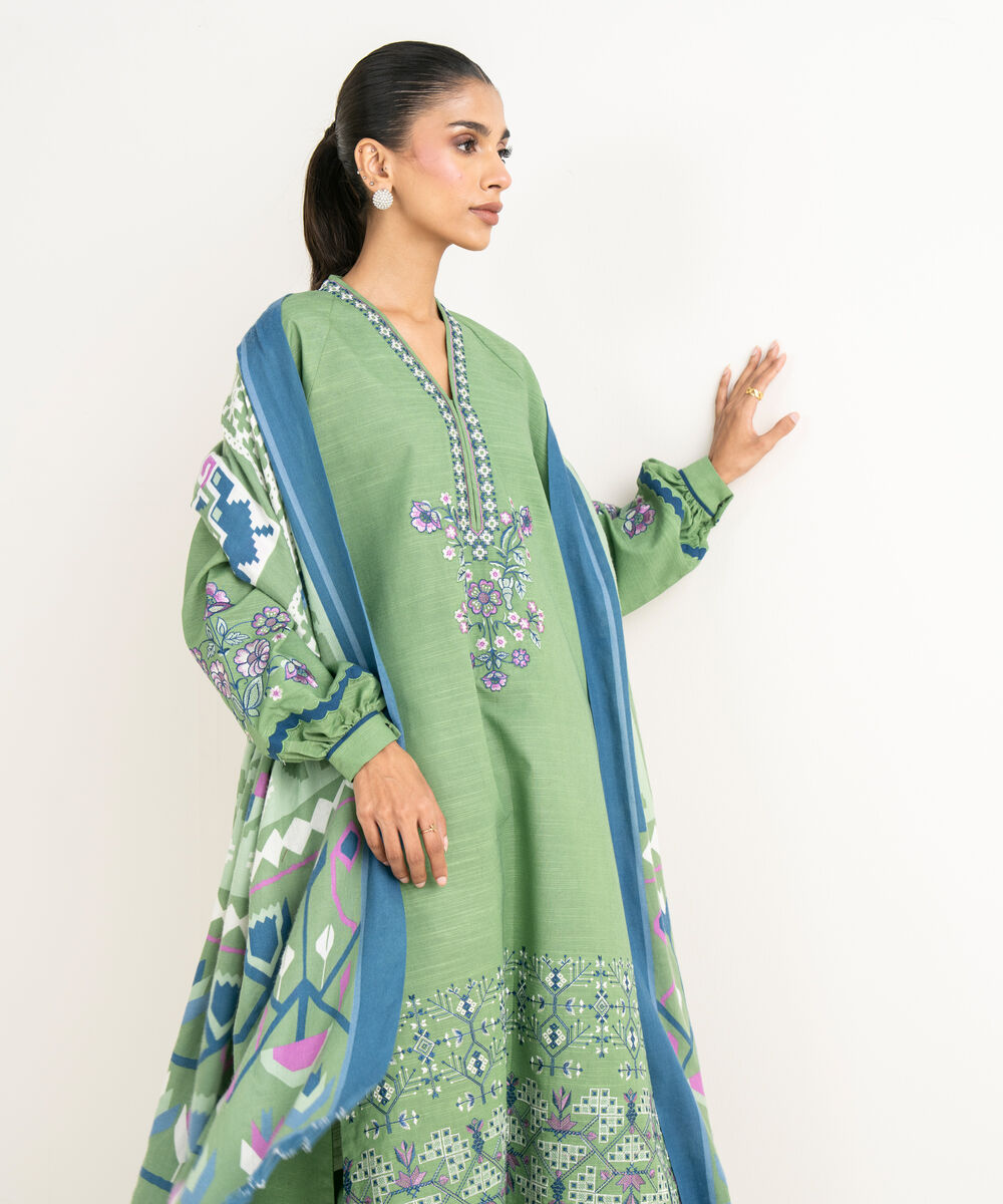 Women's Unstitched Twill Embroidered Green  3 Piece Suit