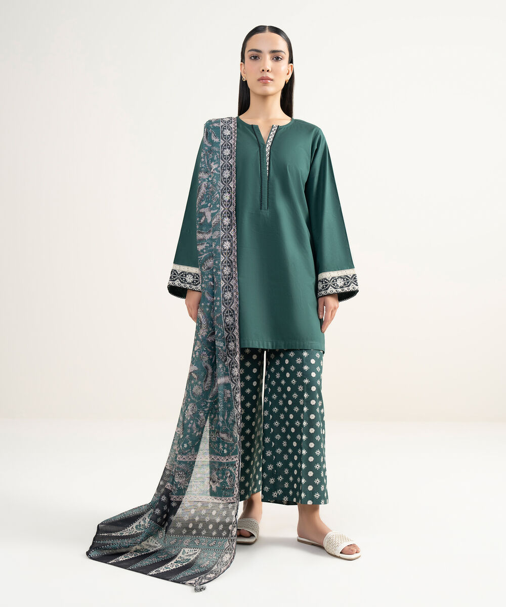 Women's RTW Lawn Solid Green Straight Shirt