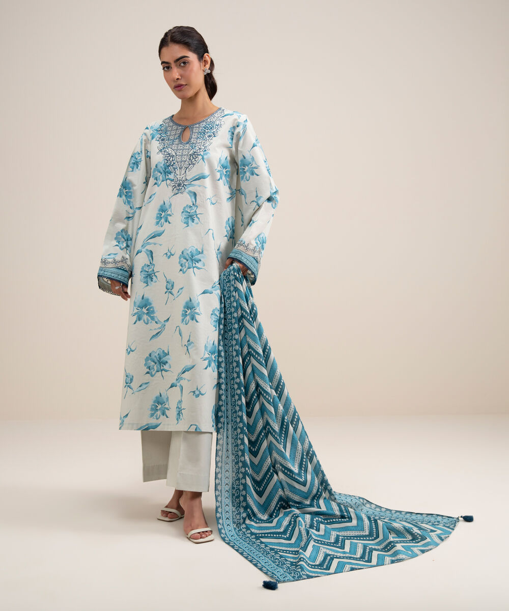 Women's Unstitched Lawn Embroidered Off White and Blue 3 Piece Suit