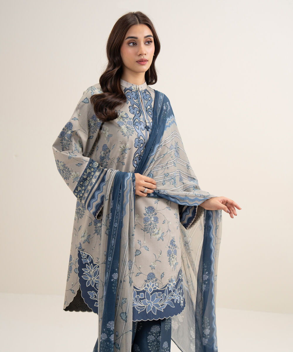 Women's Unstitched Lawn Embroidered Beige 3 Piece Suit
