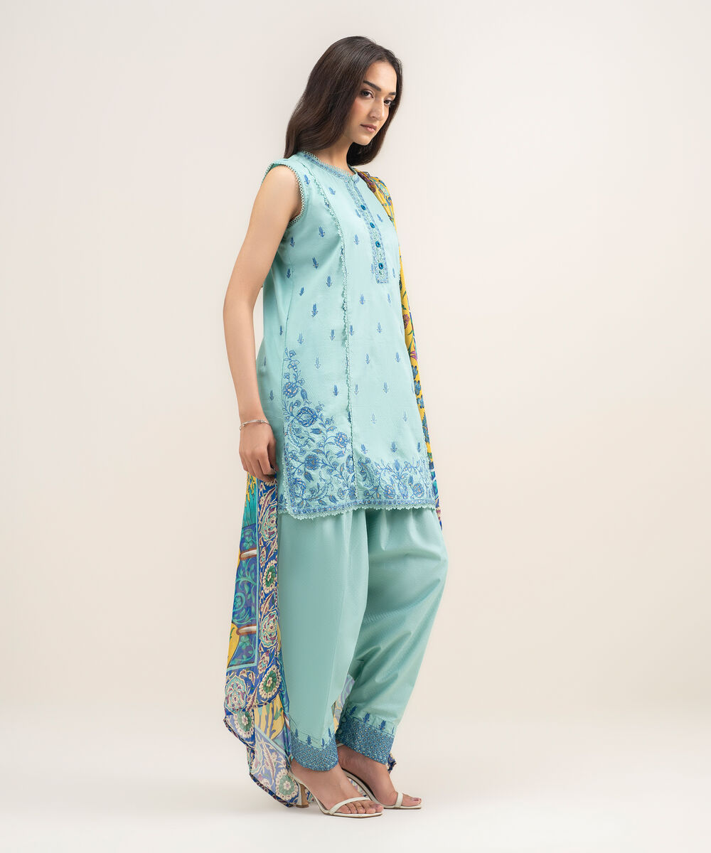 Women's RTW Dobby Embroidered Turquoise 3 Piece Suit