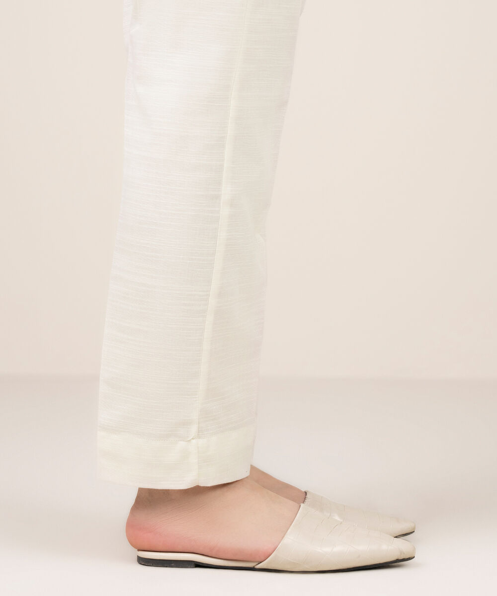 Women's RTW Khaddar Solid Off White Straight Pants