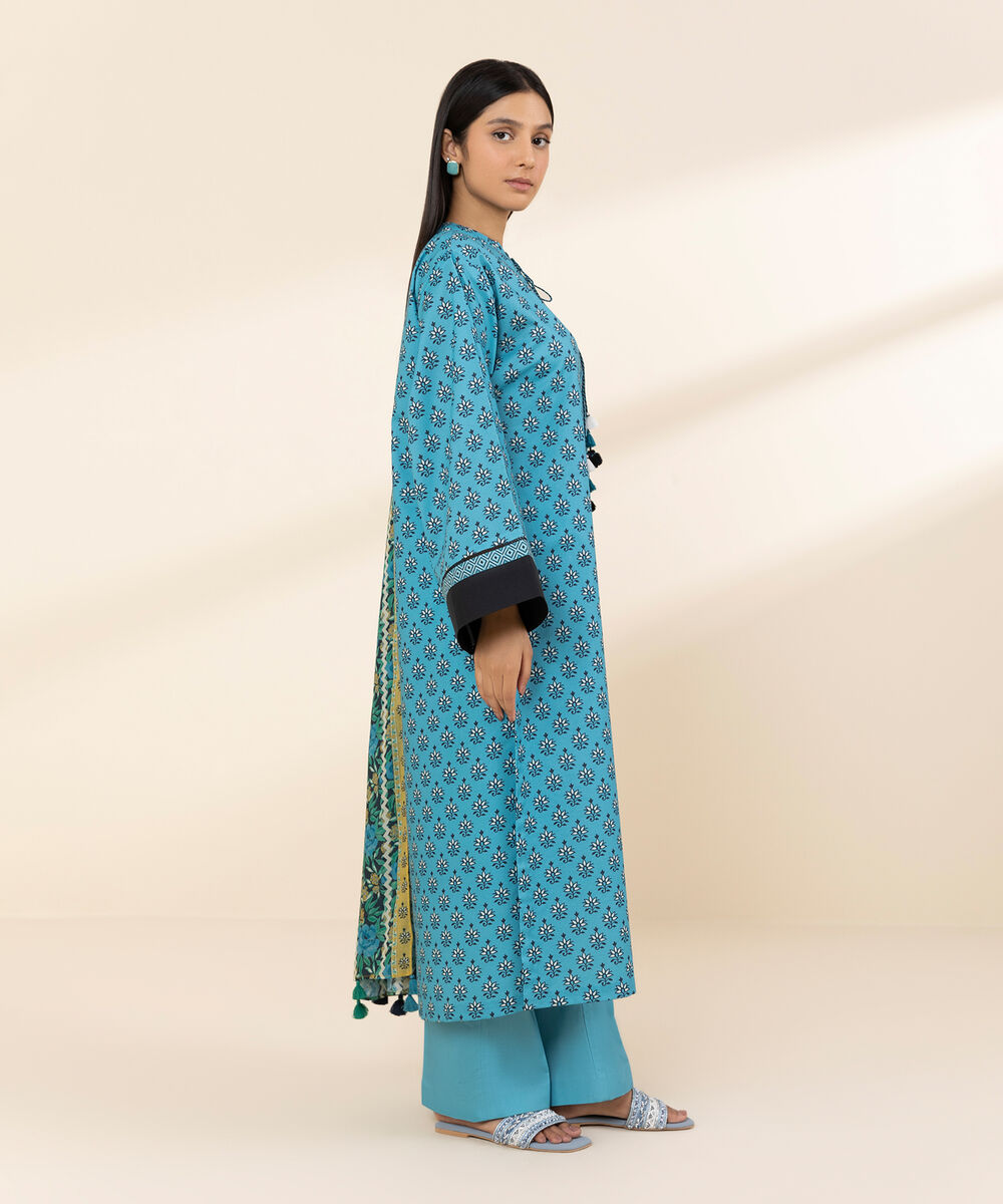 Women's Unstitched Lawn Printed Blue 3 Piece Suit