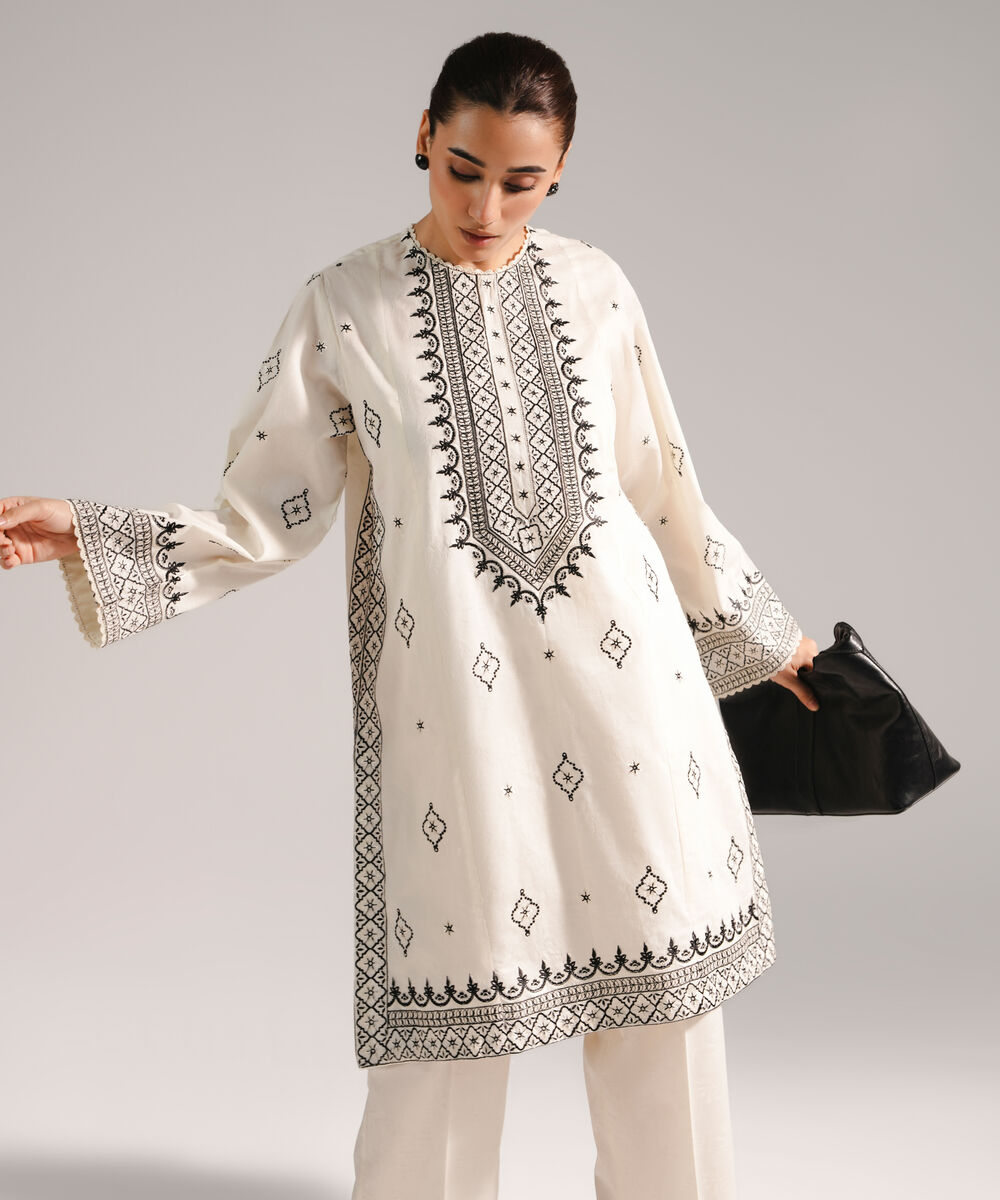 Women's RTW Self Jacquard Embroidered Off White 2 Piece Suit