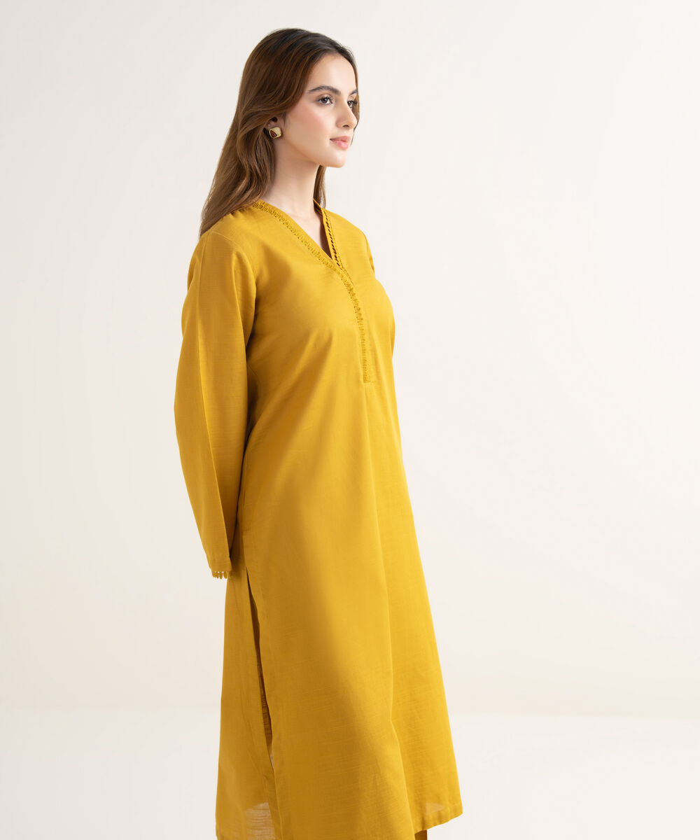 Women's RTW Khaddar Solid Straight Yellow Shirt