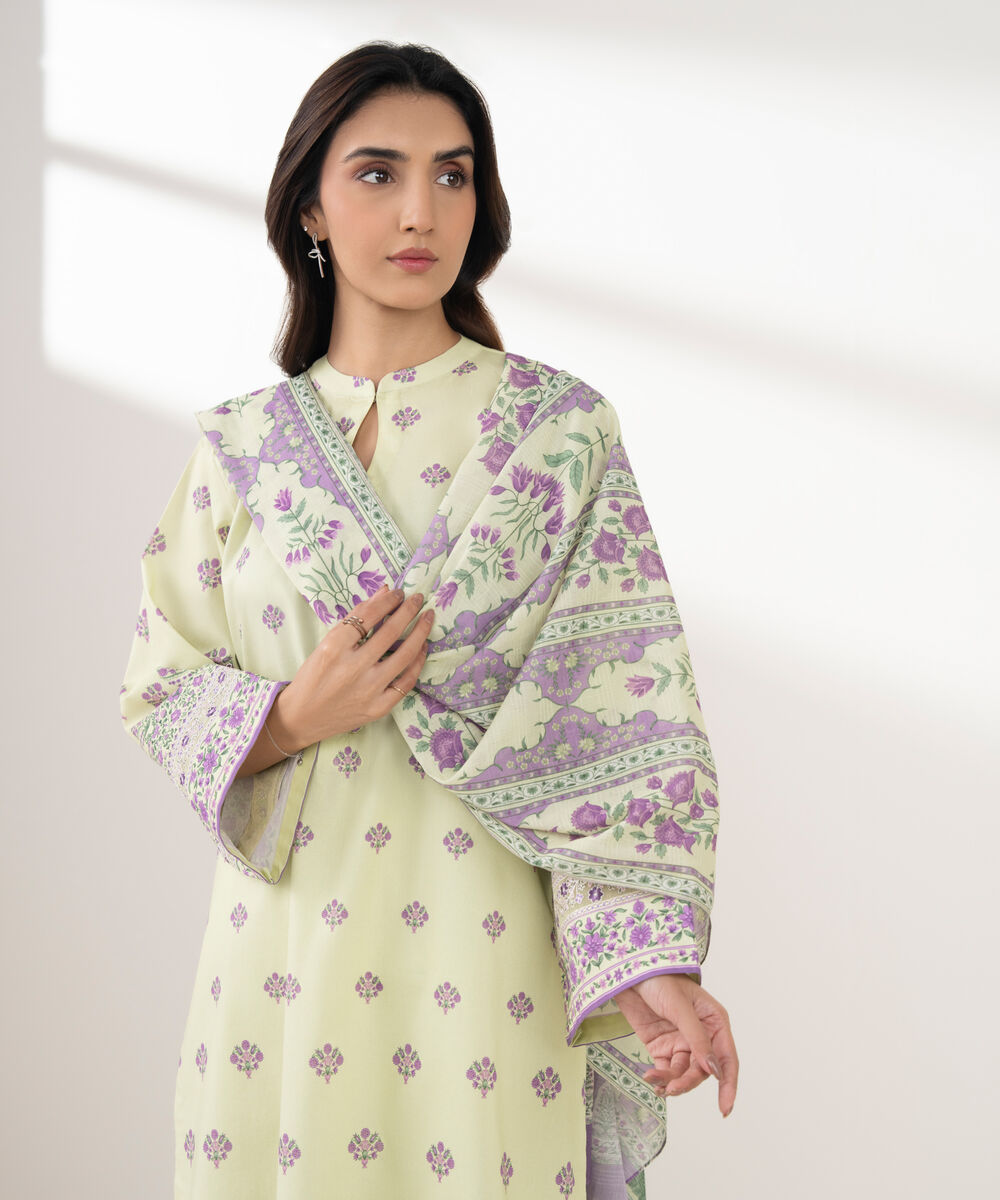 Women's Unstitched Lawn Printed Yellow 3 Piece Suit