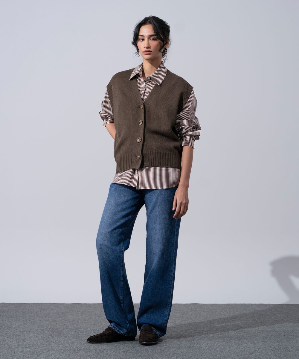 Women's Western Wear Taupe Acrylic V-Neck Sweater Vest