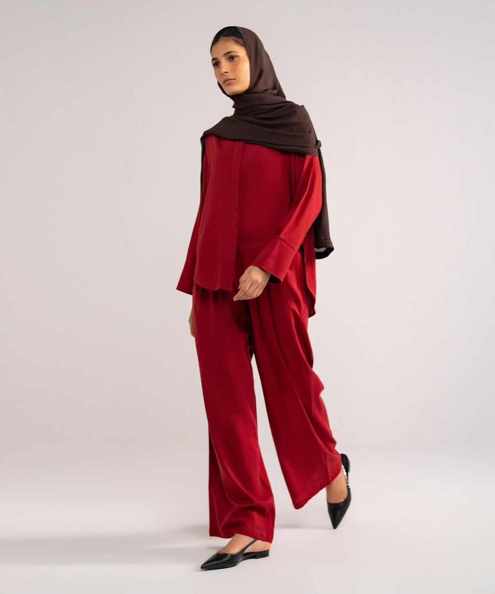 Women's Burnt Red Loose-Fit  Pleated Pants