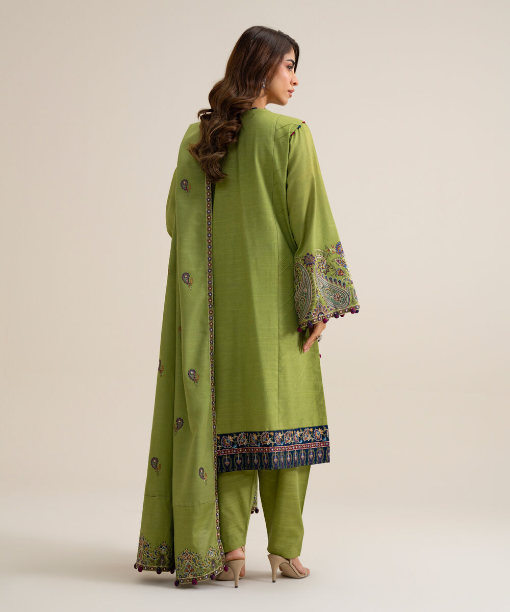 Women's Unstitched Basic Khaddar Embroidered Green 3 Piece Suit