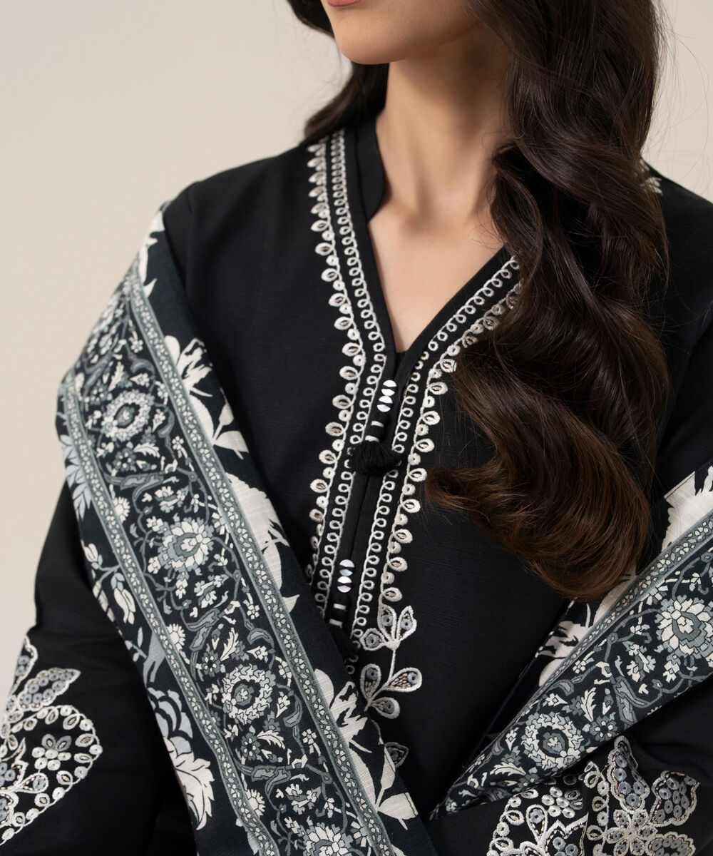 Women's Unstitched Lawn Embroidered Black 3 Piece Suit
