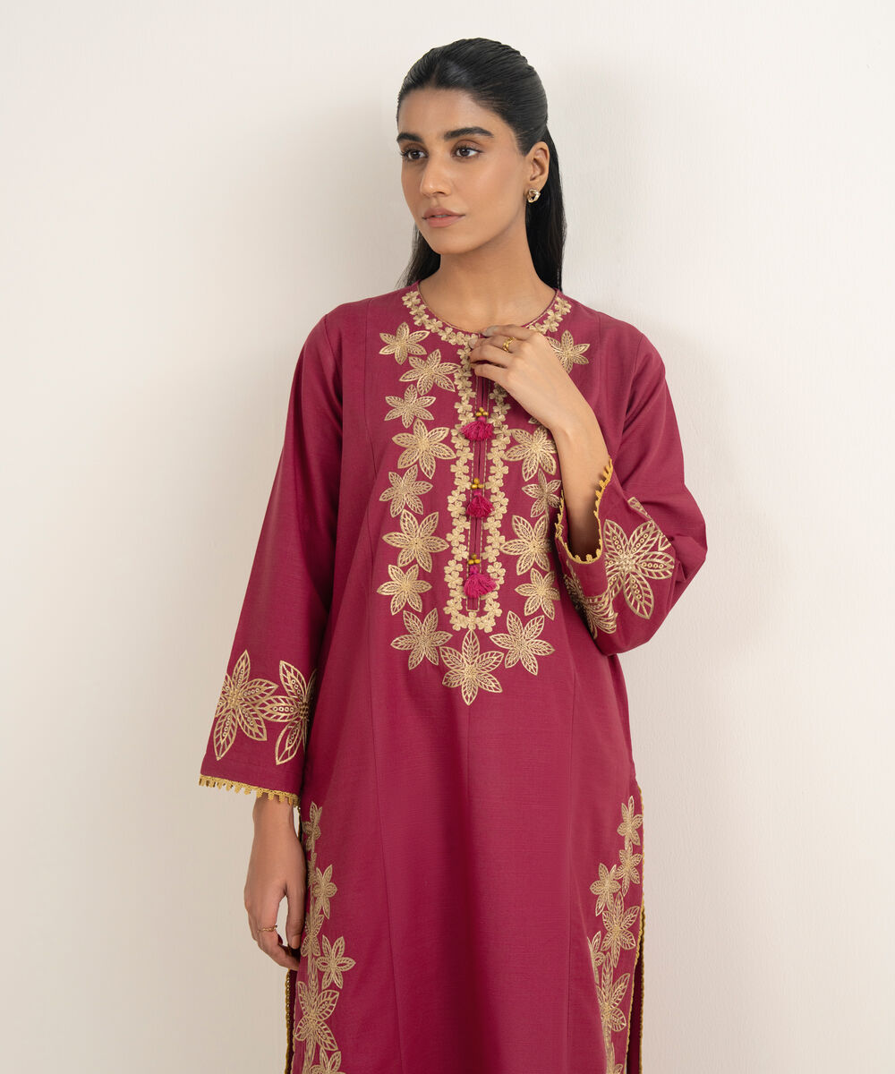 Women's RTW Light Khaddar Embroidered Pink A-Line Shirt