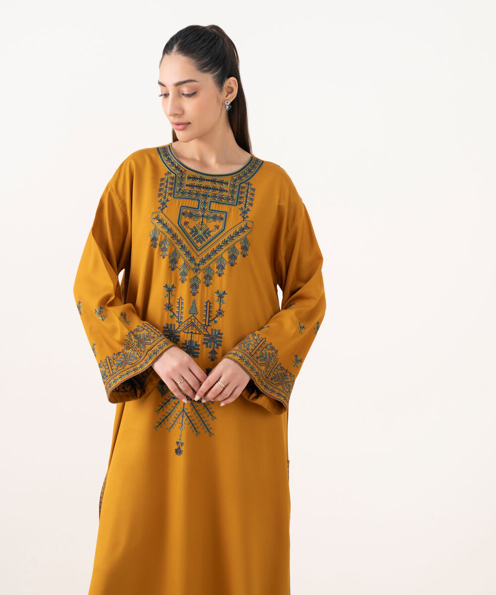 Women's RTW Bedford  Embroidered Mustard Drop Shoulder Shirt