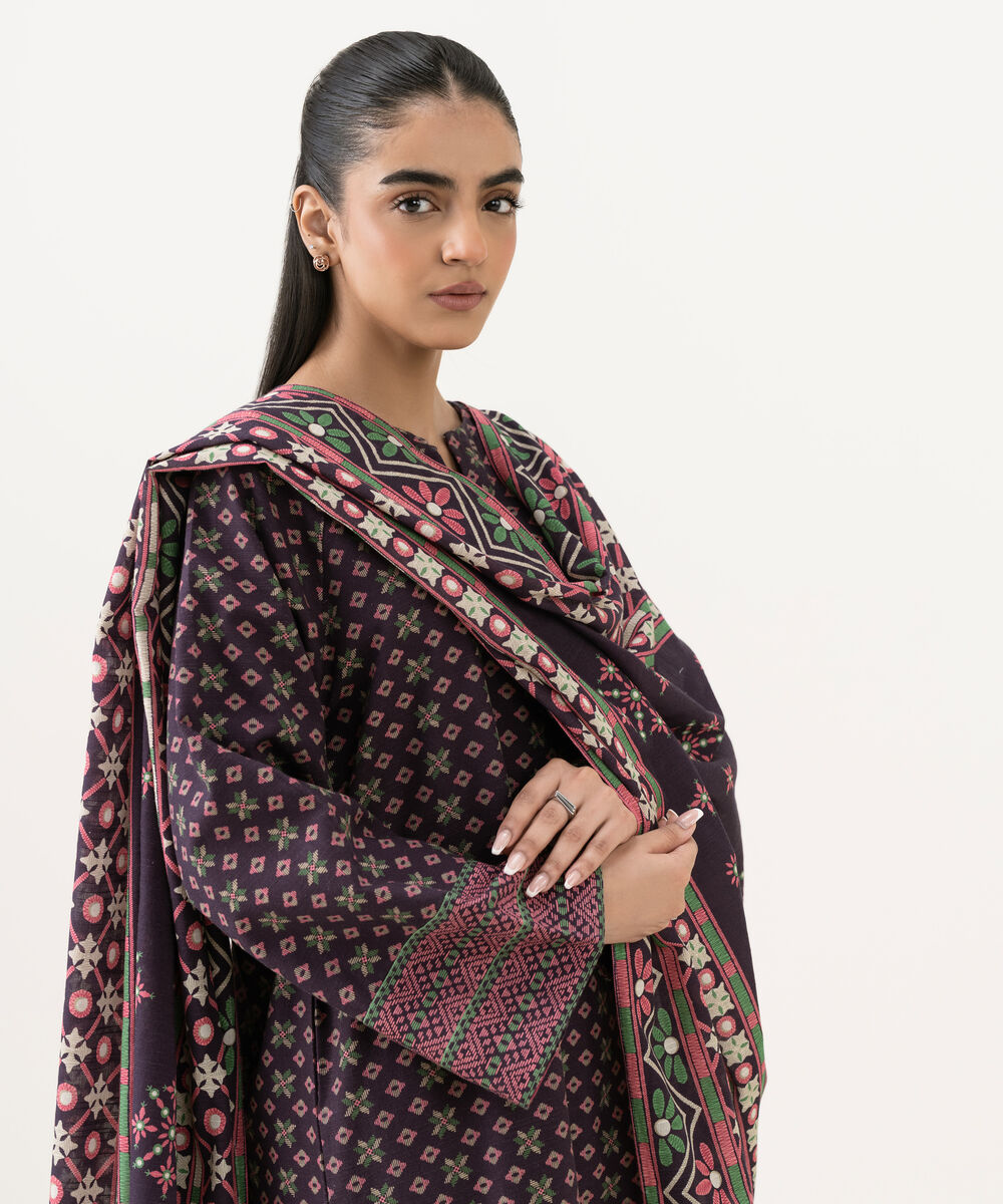 Women's Unstitched Khaddar Printed Purple 2 Piece Suit