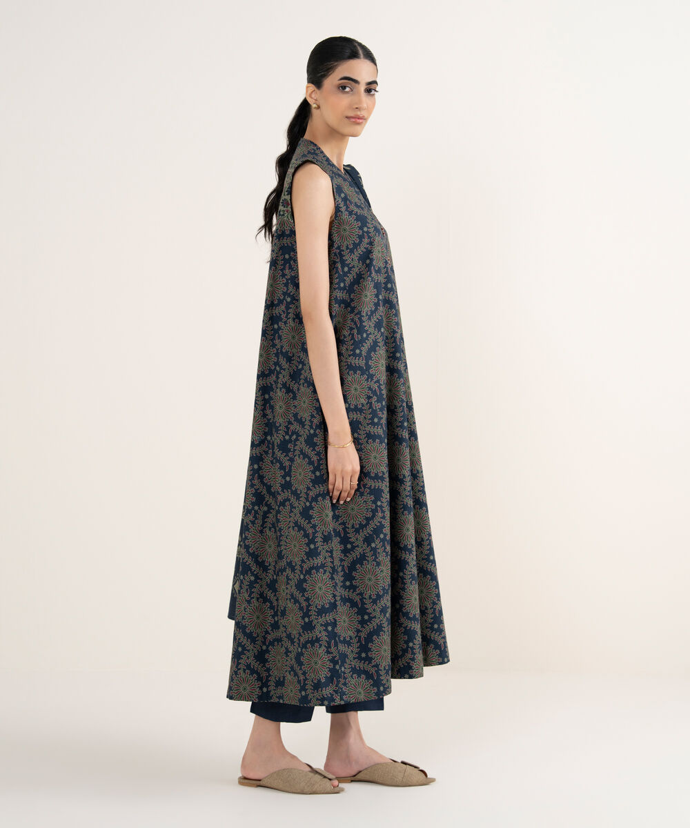 Women's Unstitched Printed Dobby Dark Blue 3 Piece Suit