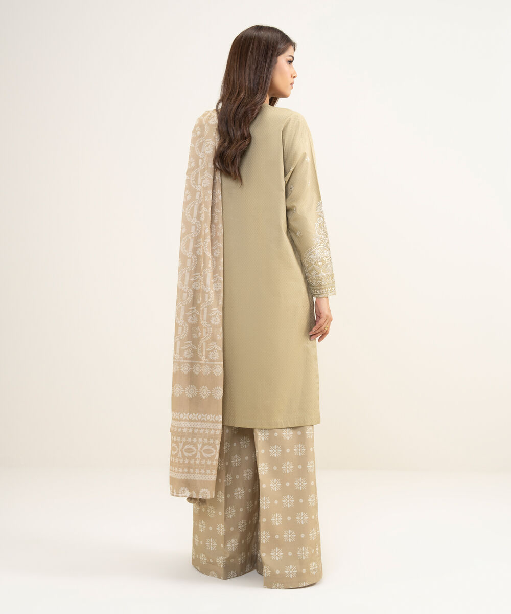Women's Unstitched Dobby Embroidered Beige 3 Piece Suit