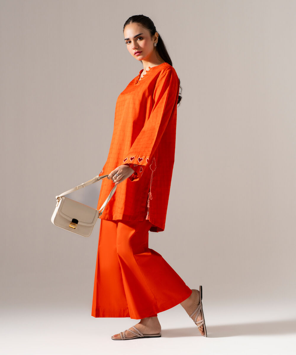 Women's RTW 3D dobby Solid Orange Straight Shirt
