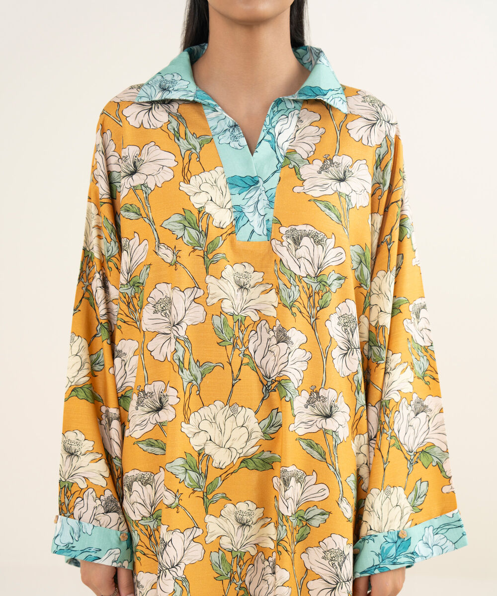 Women's RTW Herringbone Printed Mustard Drop Shoulder Shirt