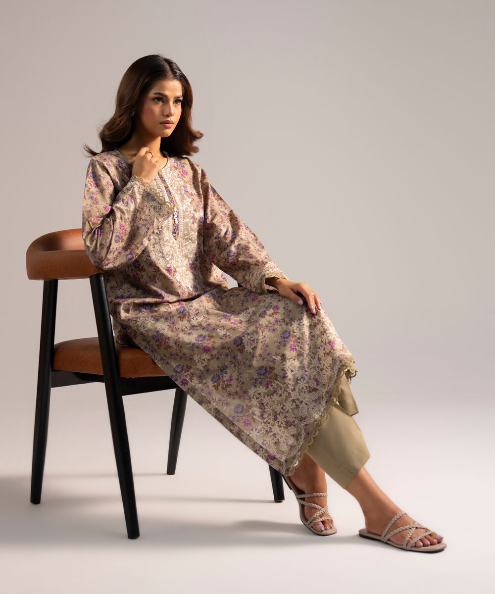 Women's RTW Zari Lawn Embroidered Sand Green 2 Piece Suit