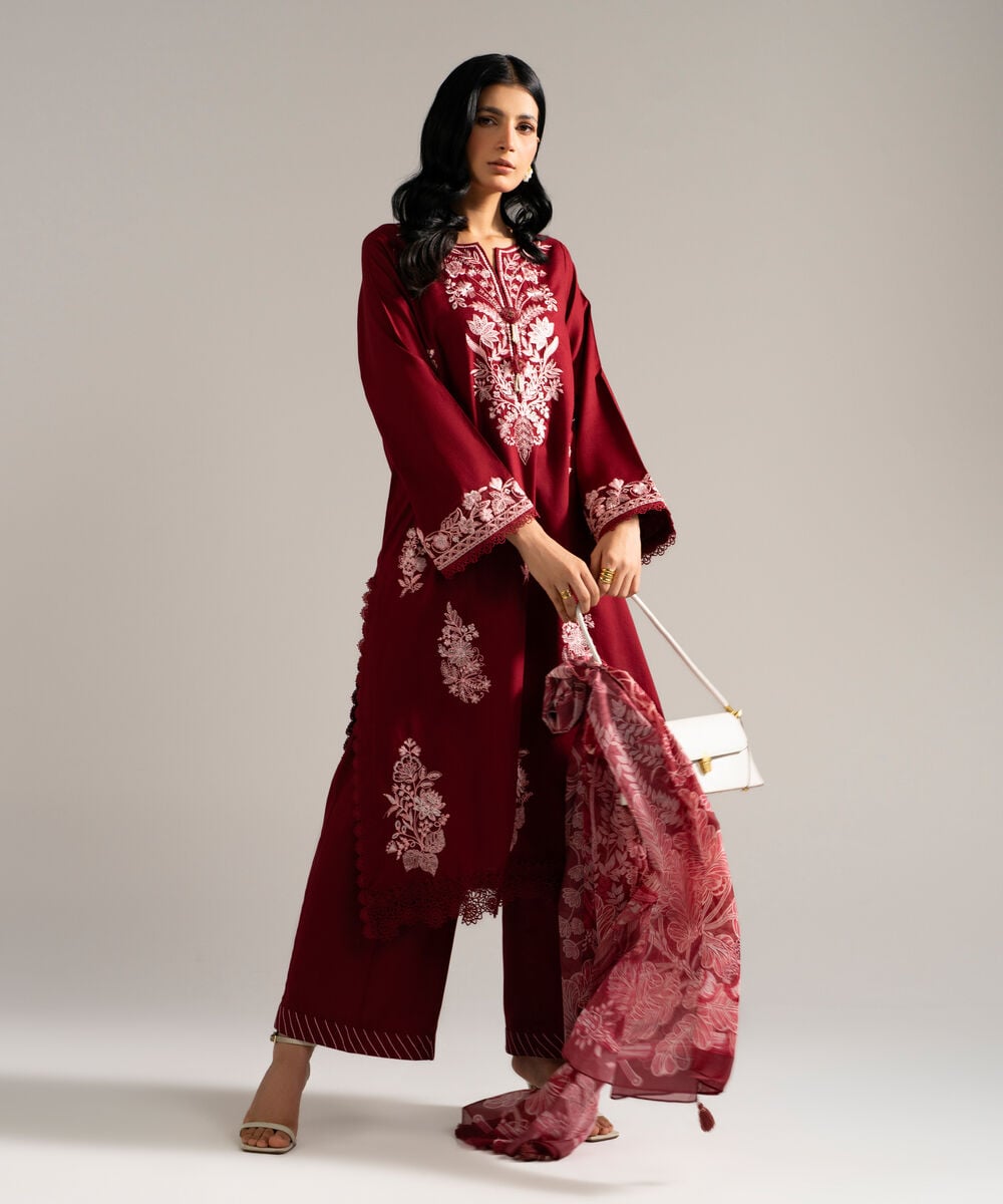 Women's RTW Dobby Crepe Embroidered Red 3 Piece Suit
