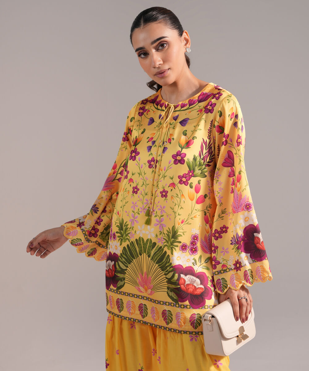 Women's RTW Blended Satin Printed Yellow 2 Piece Suit