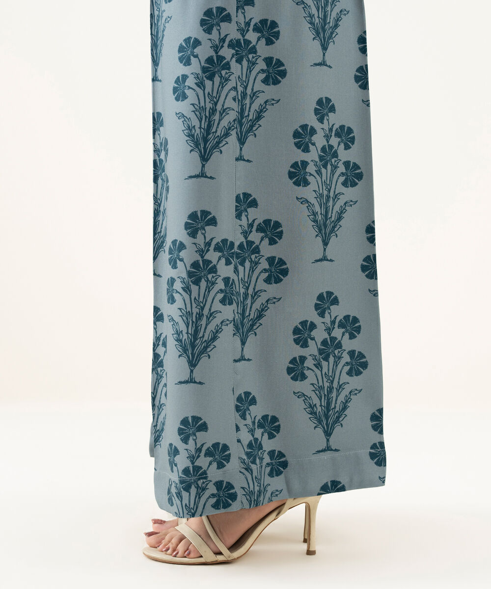 Women's RTW Linen Blue Printed Flared Pants