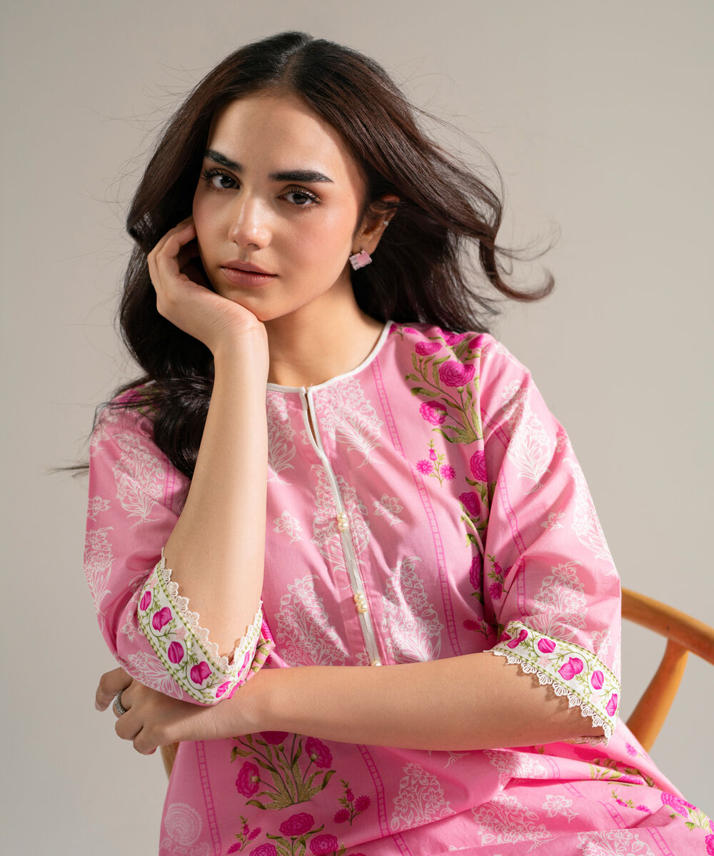 Women's RTW Slub Lawn Printed Pink Straight Shirt
