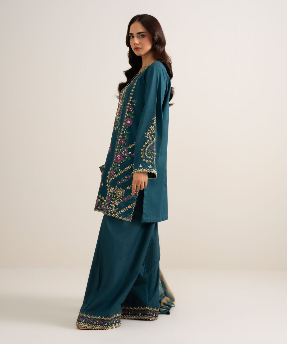 Women's Unstitched Embroidered Cotton Viscose Teal Green 3 Piece Suit