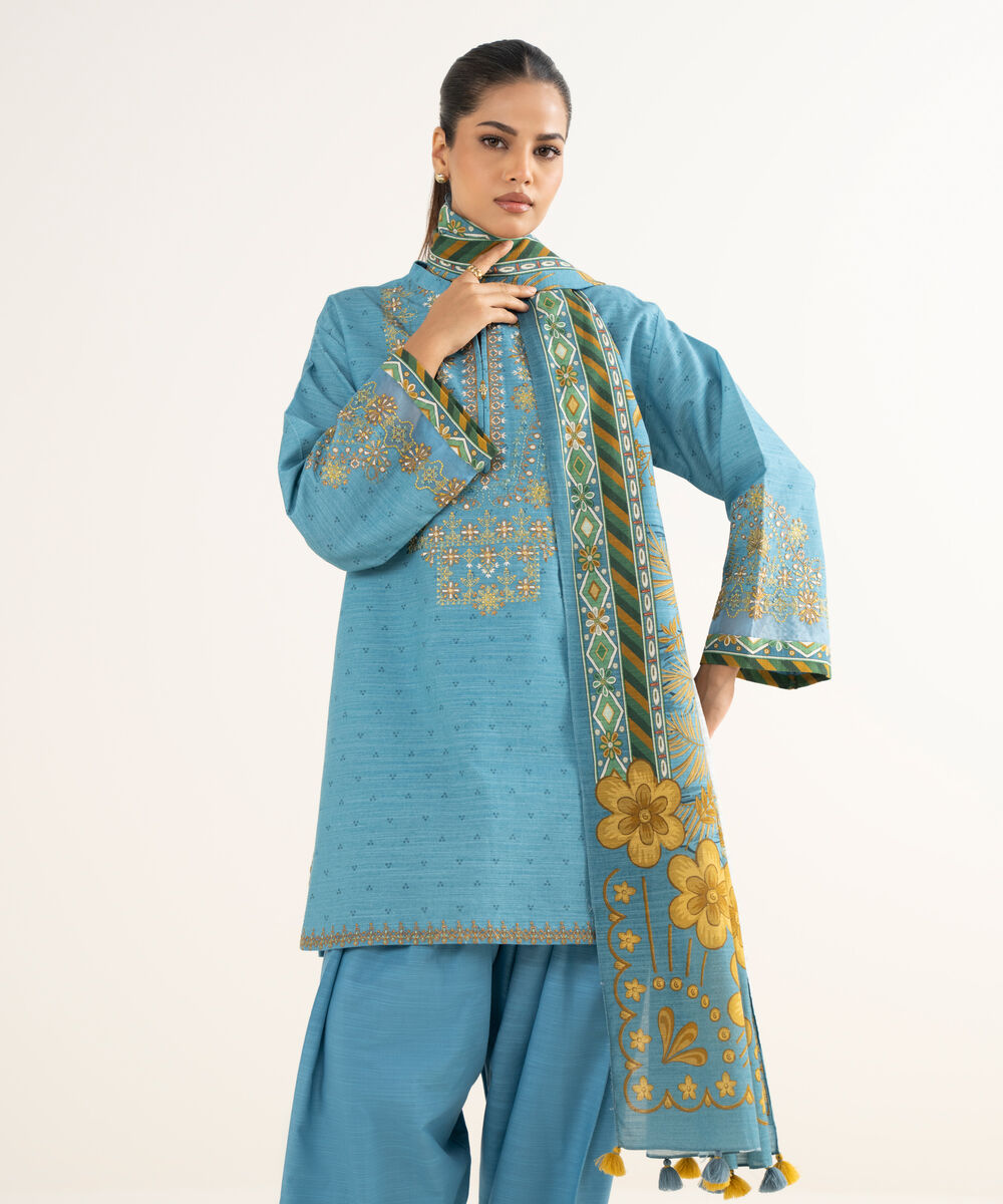 Women's Unstitched Khaddar Embroidered Blue 3 Piece Suit