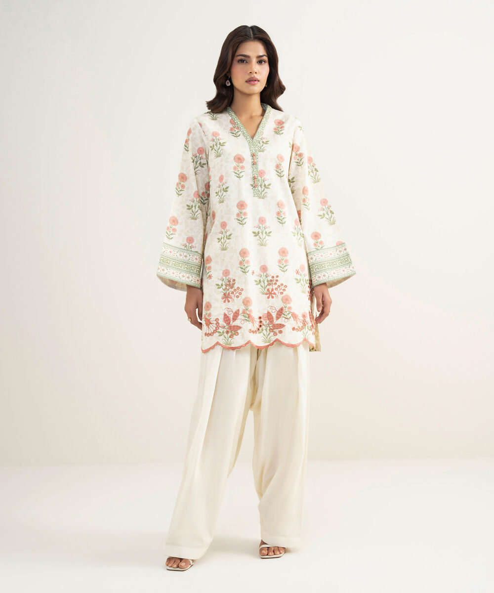 Women's Unstitched Lawn Embroidered Off White 2 Piece Suit