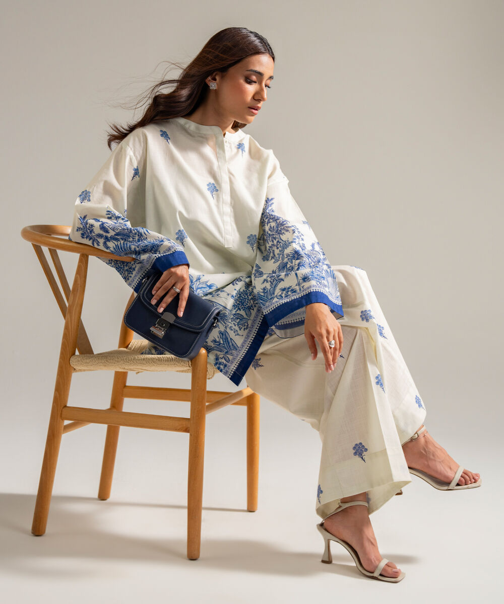 Women's RTW Slub Lawn Printed Off White Drop Shoulder Shirt