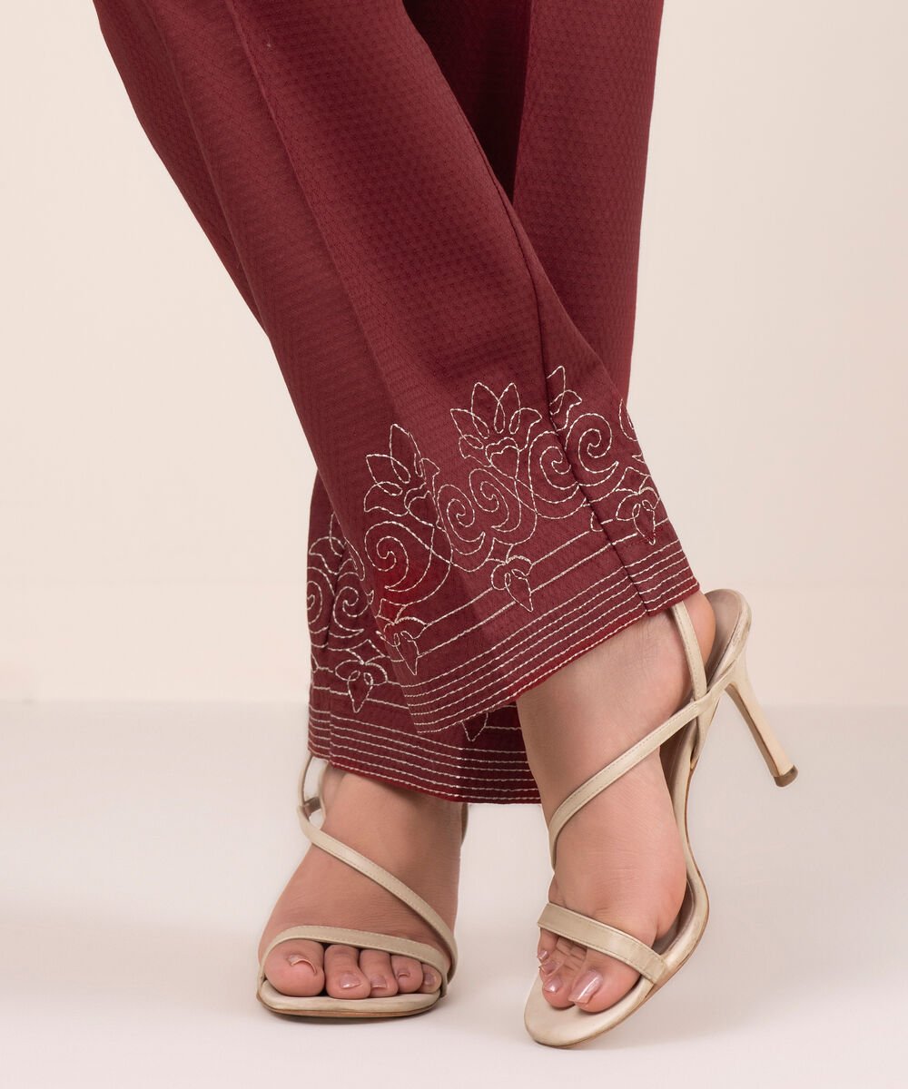 Women's RTW Dobby Embroidered Red Straight Pants