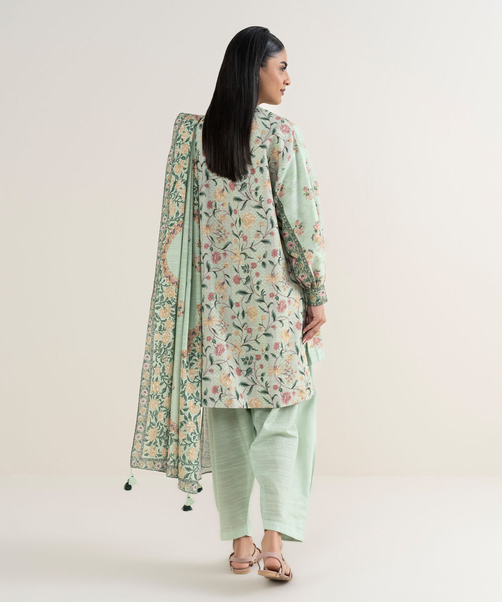 Women's Unstitched Printed Cotton Aqua 3 Piece Suit
