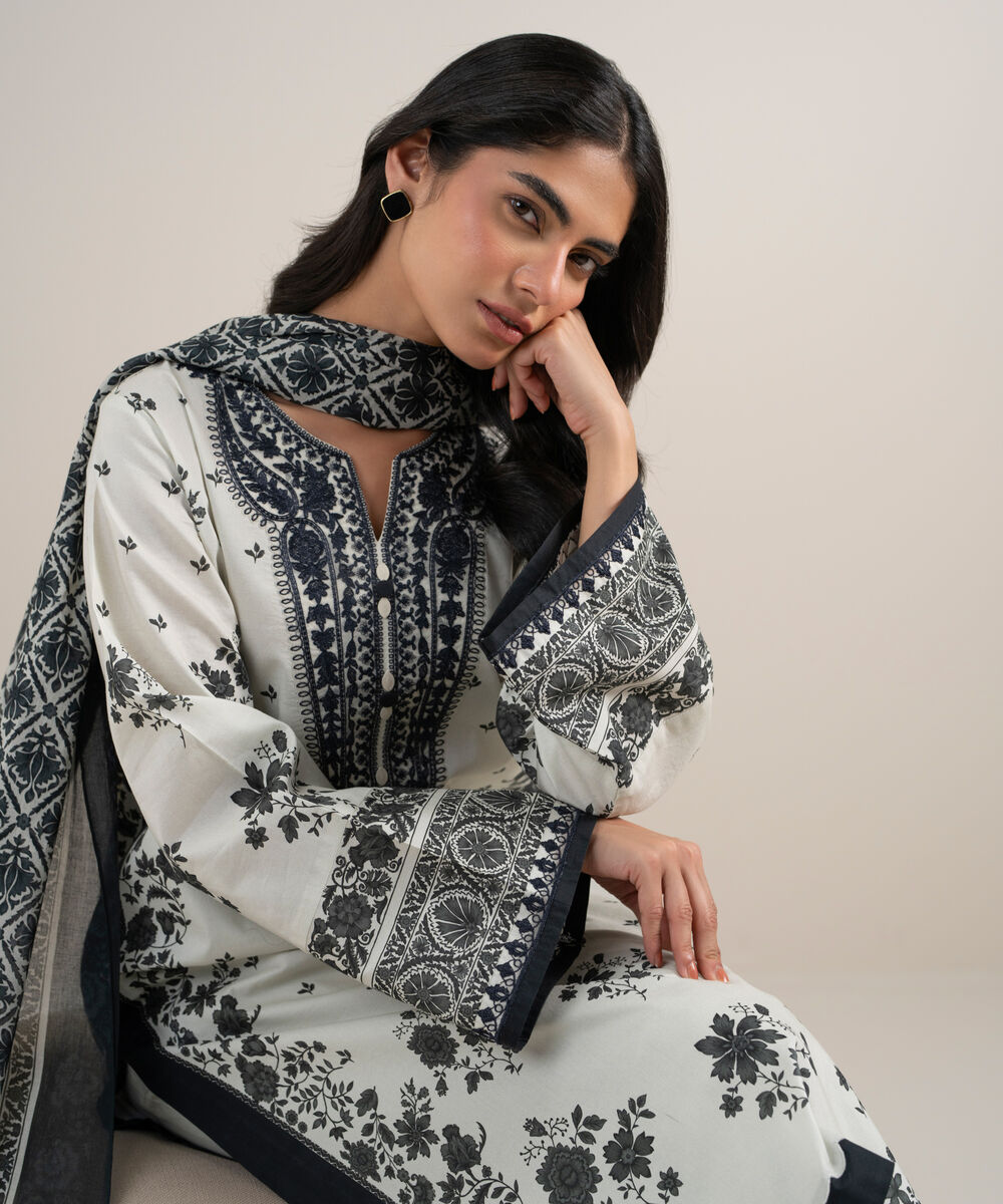 Women's Unstitched Lawn Embroidered Black and White 3 Piece Suit