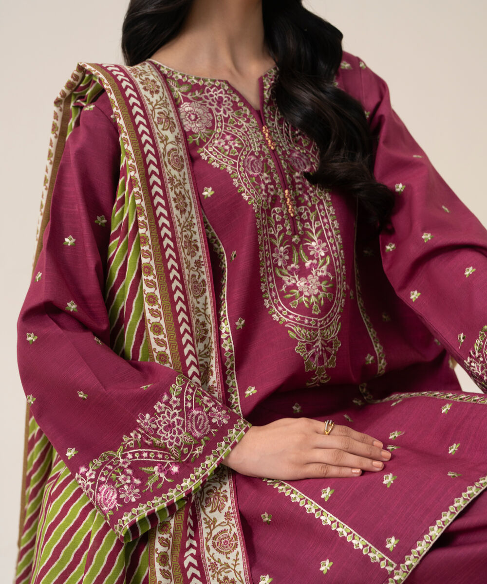 Women's Unstitched Basic Khaddar Embroidered Pink 3 Piece Suit