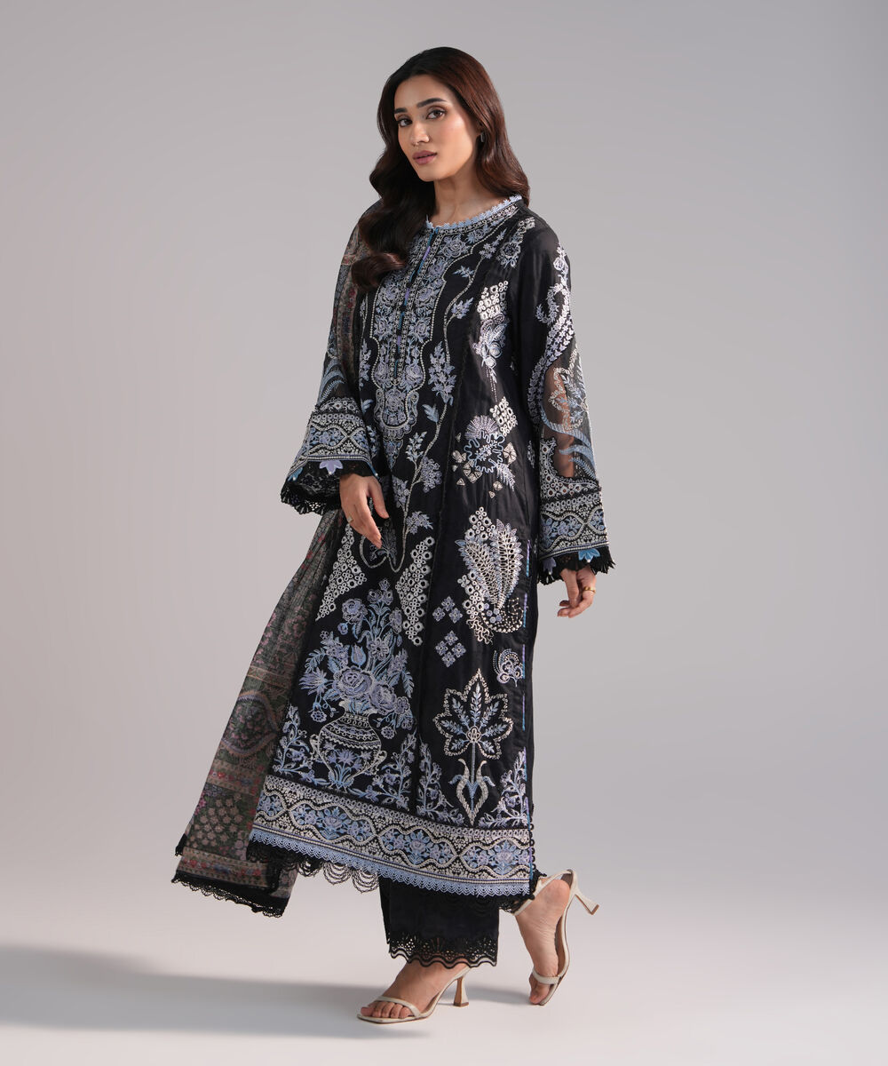 Women's RTW Self Jacquard Embroidered Black 3 Piece Suit