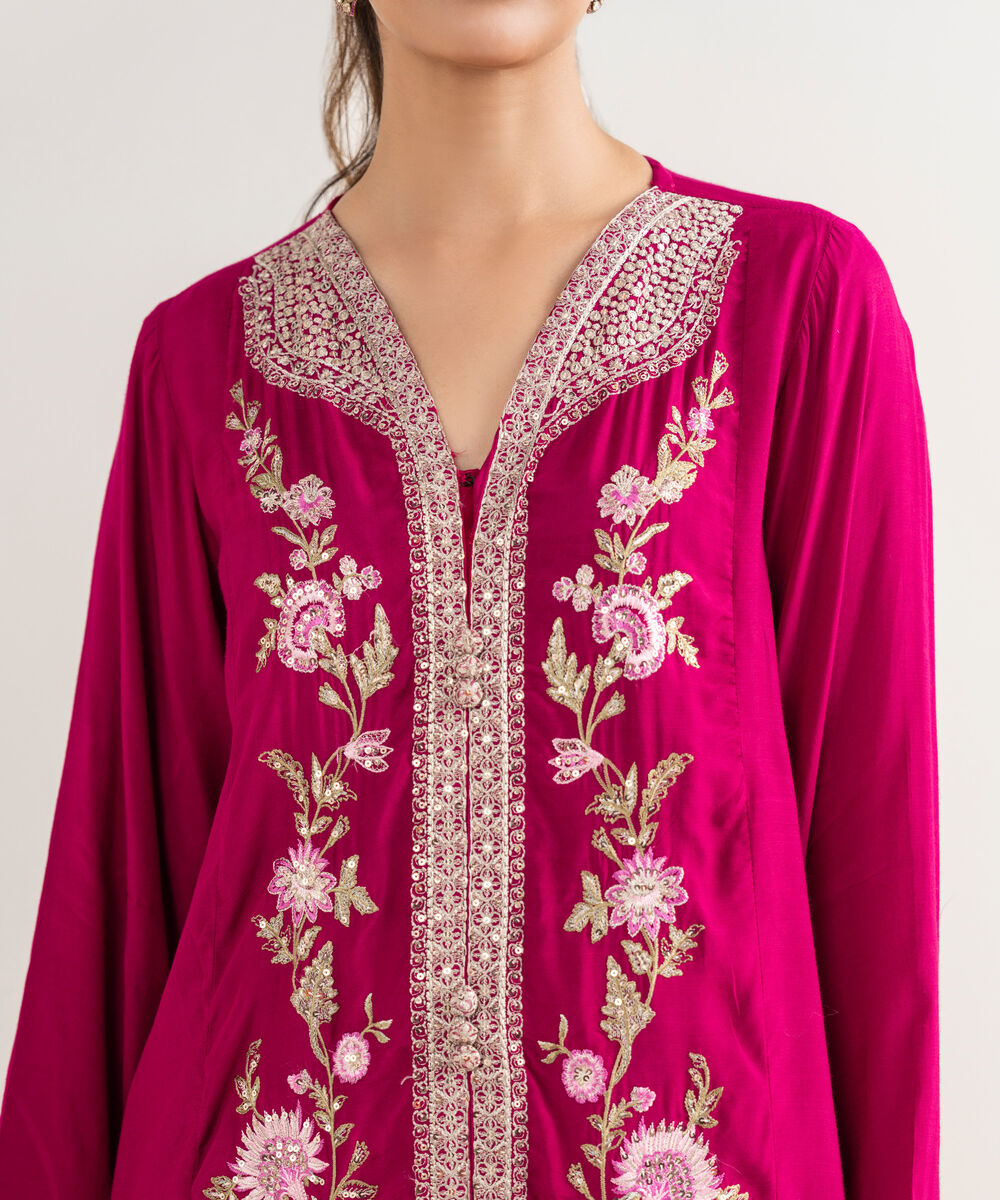 Women's RTW Viscose Raw Silk Pink Embroidered A-Line Shirt