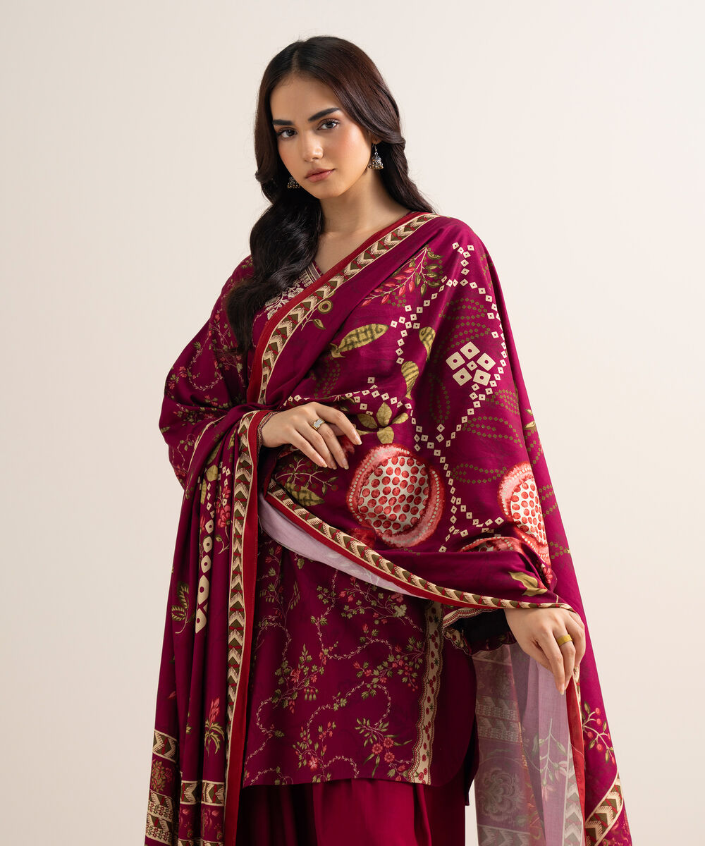 Women's Unstitched Printed Cotton Viscose Burgundy 3 Piece Suit
