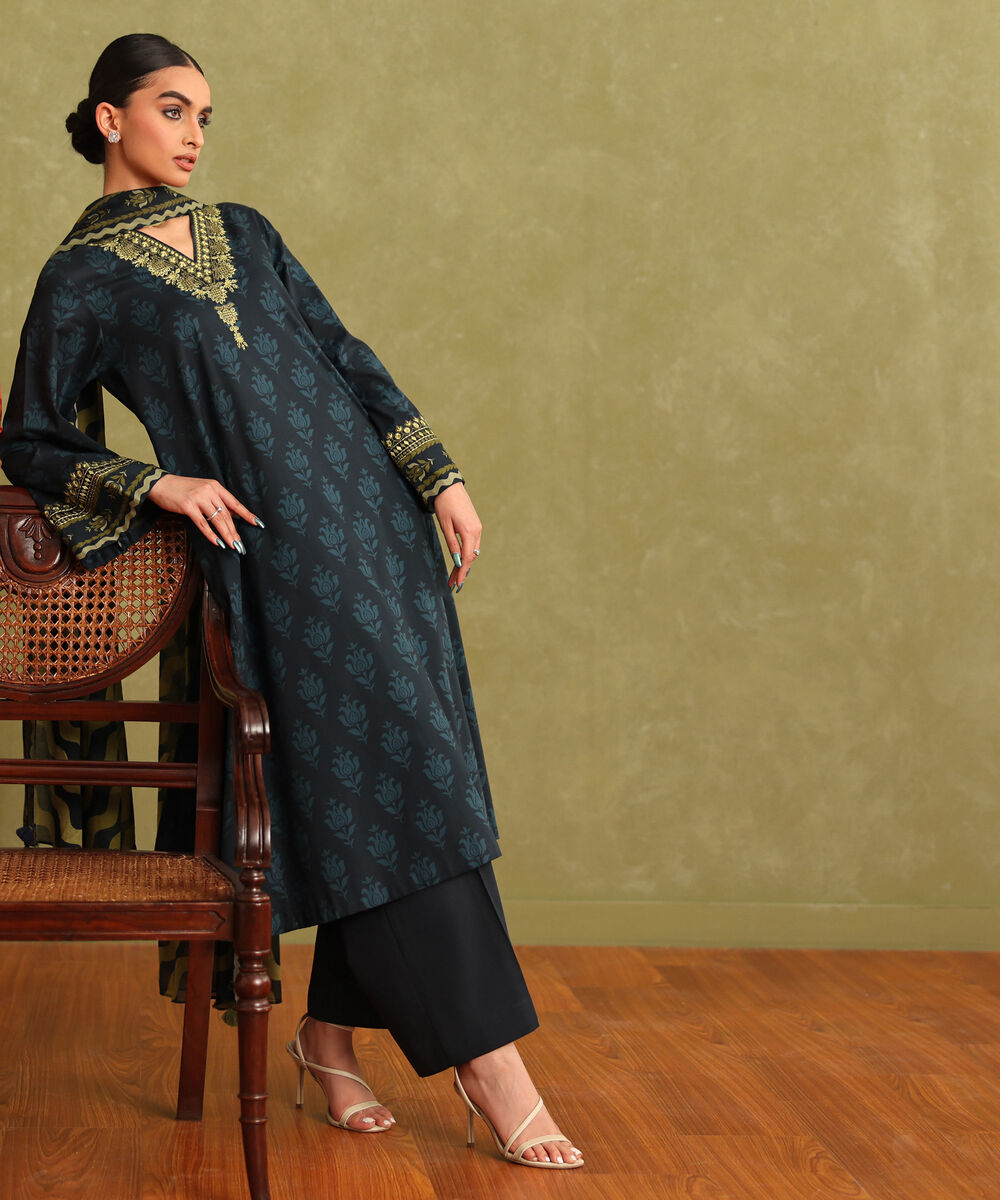 Women's Unstitched Lawn Embroidered Blue 3 Piece Suit