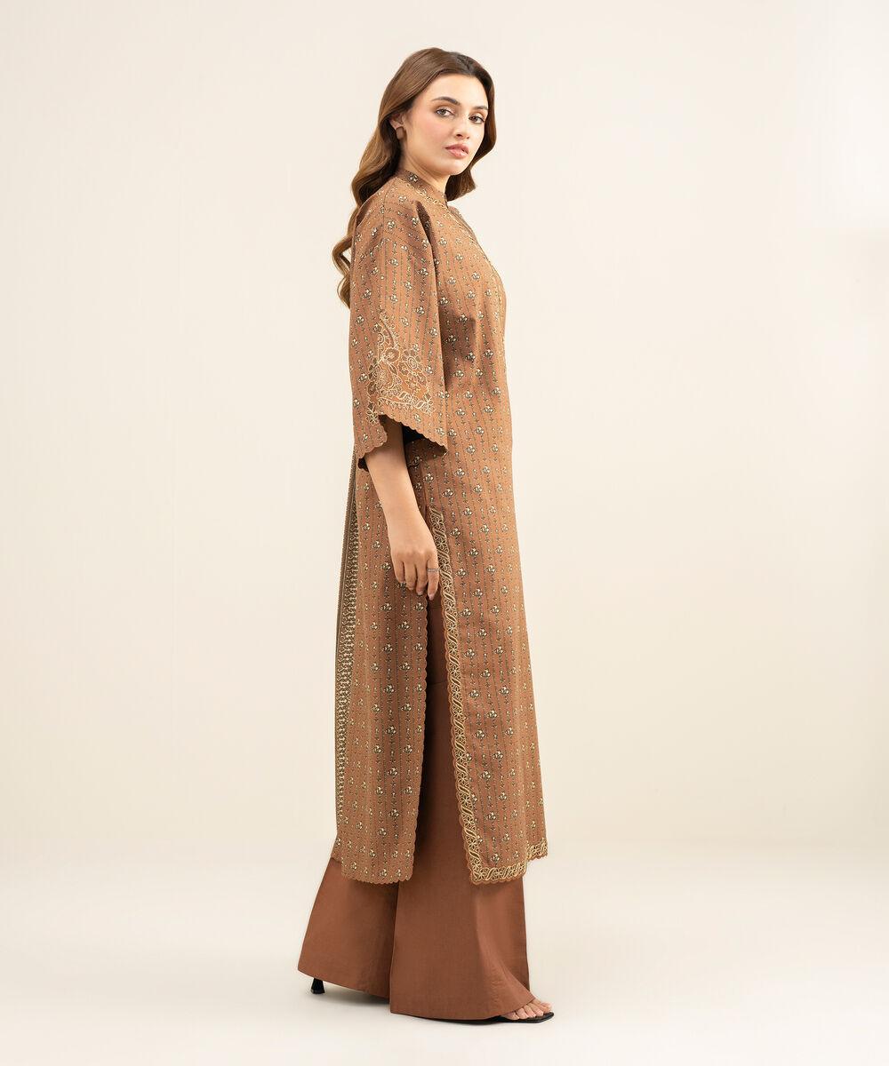 Women's Unstitched Lawn Embroidered Brown 3 Piece Suit