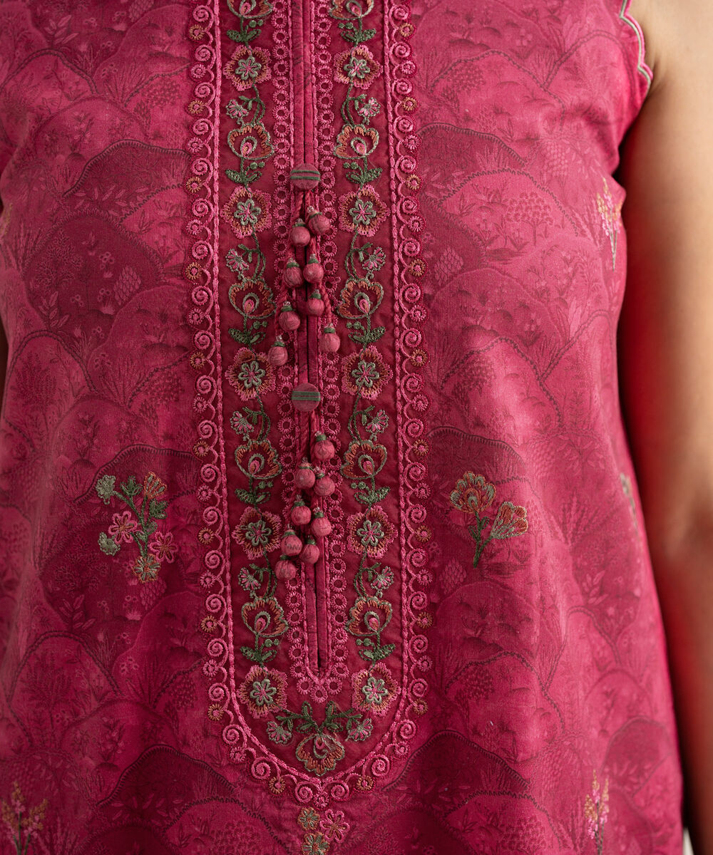 Women's Unstitched Lawn Embroidered Pink 3 Piece Suit