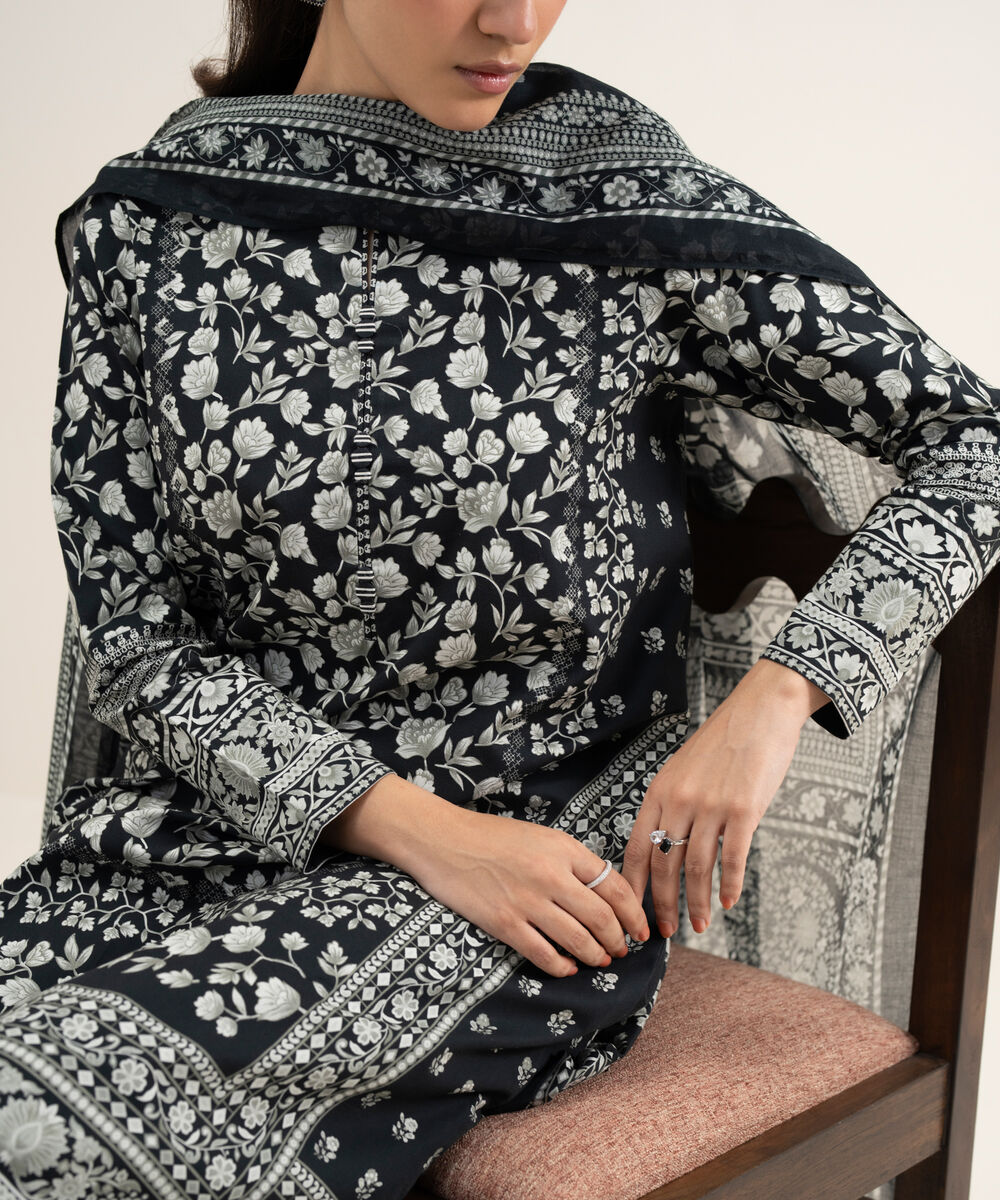 Women's Unstitched Lawn Printed Off White and Black 3 Piece Suit