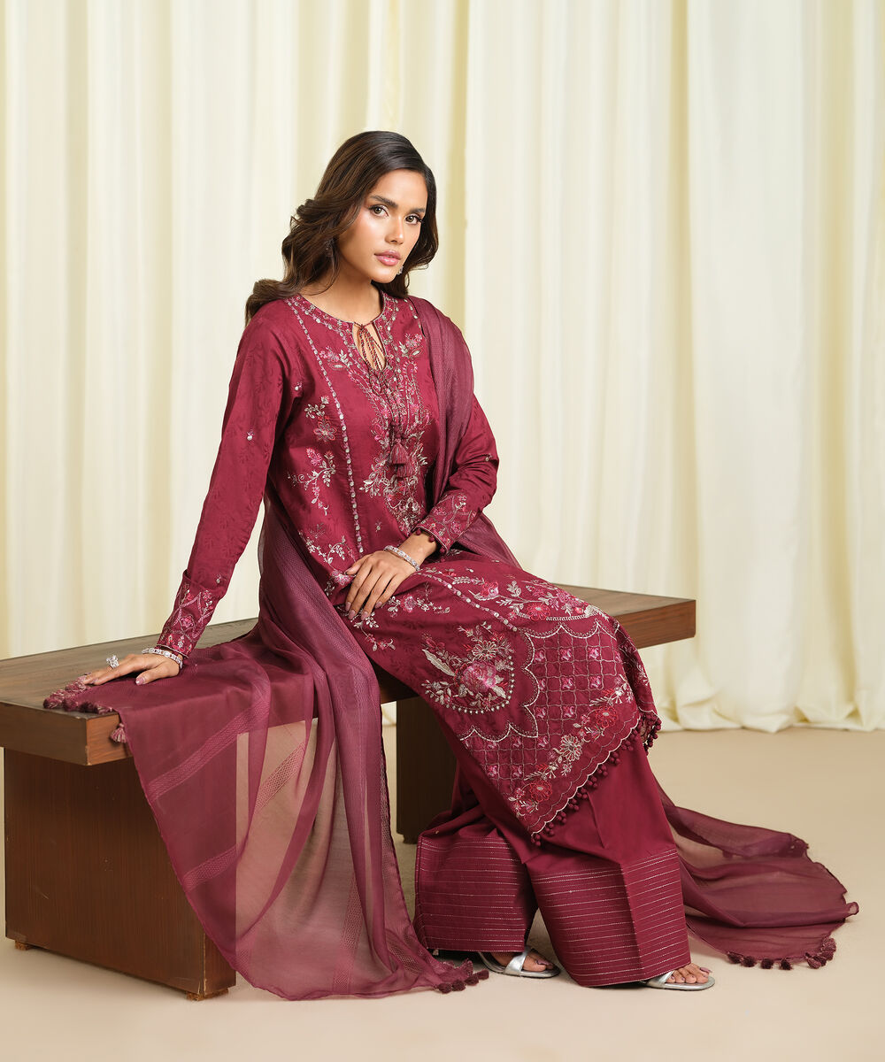 Women's Unstitched Cotton Jacquard Embroidered Pink 3 Piece Suit