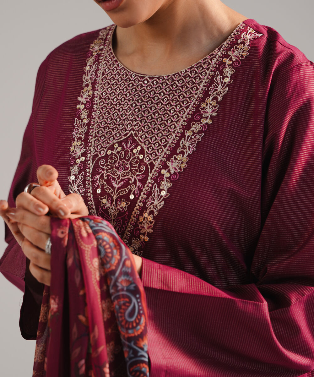 Women's RTW Zari Lawn Embroidered Plum 3 Piece Suit
