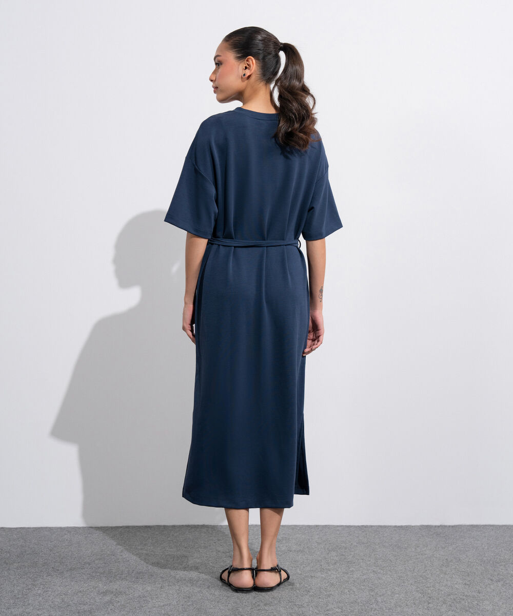 Women's Western Navy Blue Soft Lux  T-Shirt Dress With Belt