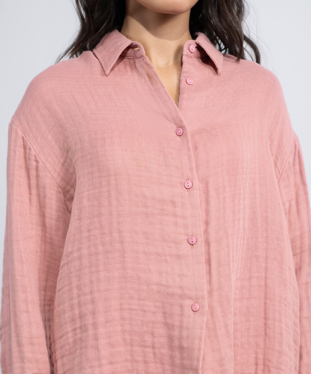 Women's Western Tea-Pink Loose-Fit Cotton Muslin Shirt