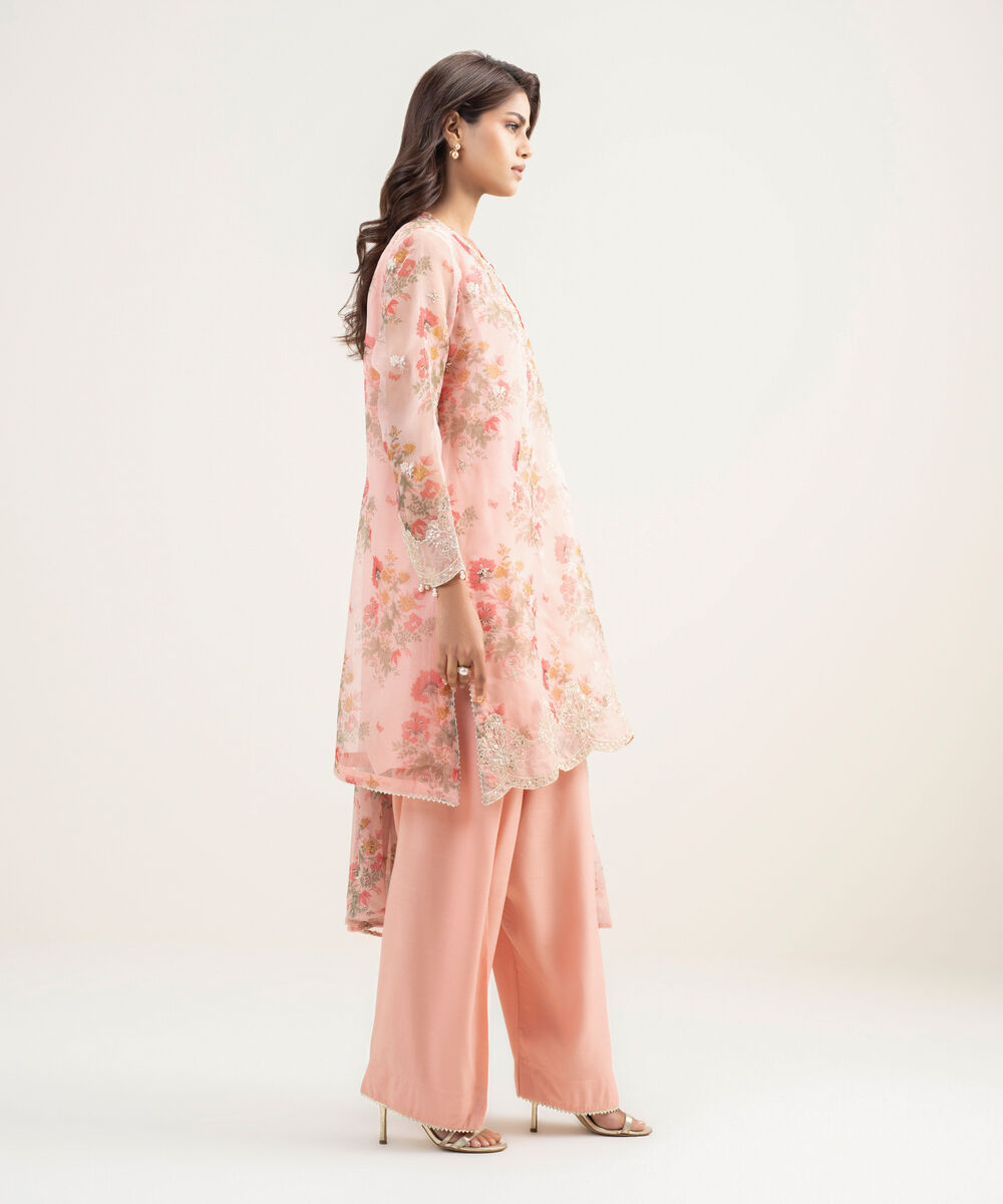 Women's RTW Blended Organza Embroidered Pink 3 Piece Suit