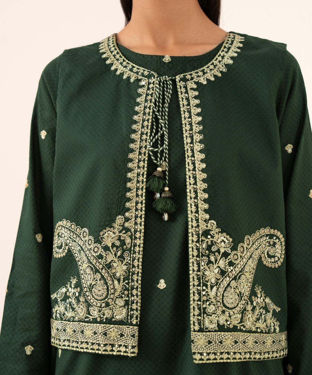 Women's RTW Textured Cotton Green Embroidered Front Open Waistcoat